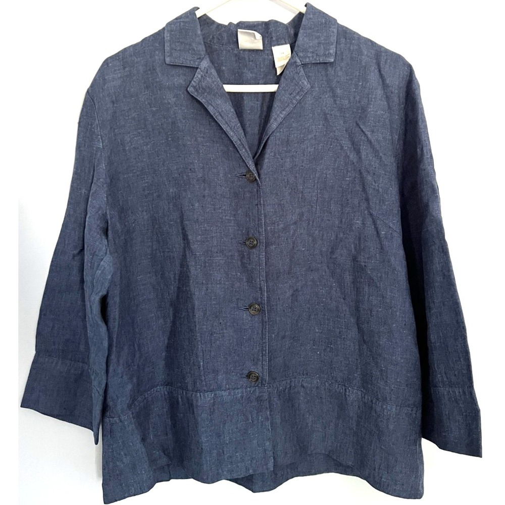 Emma James Shirt Womens 14 Blue Linen Button Front 3/4 Sleeve Collared Blouse